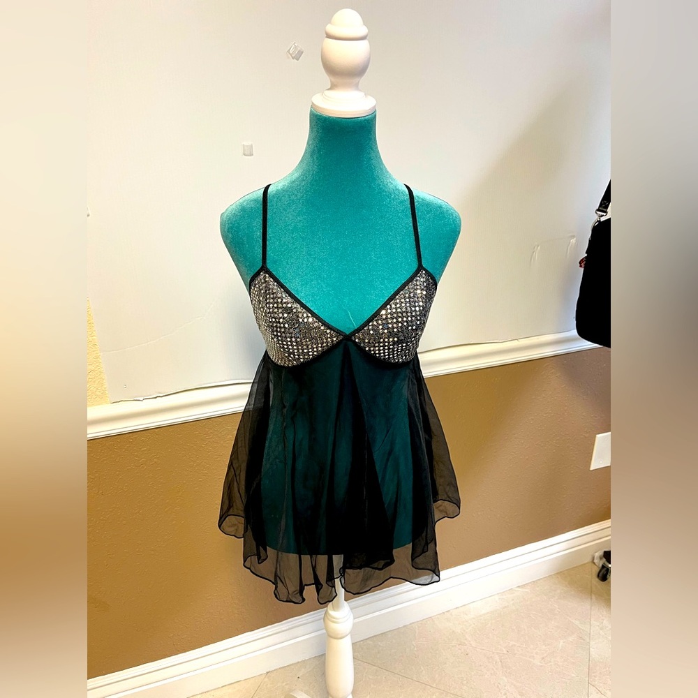 Vintage Escante Black Sheer Babydoll Lingerie with Silver Sequin Cups - Size‎ S